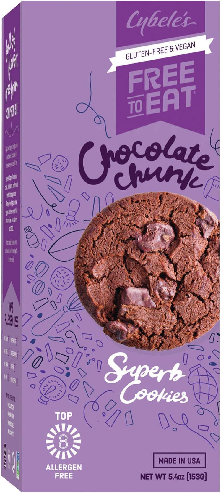 Cybele’s Free To Eat Gluten-Free & Vegan Cookies | Chocolate Chunk | Plant-Based Dairy & Soy Free, Nut Free | Soft-Baked School Safe Snack For Kids & Adults | 12 Cookies Per 5.4 oz Box (Pack of 1)