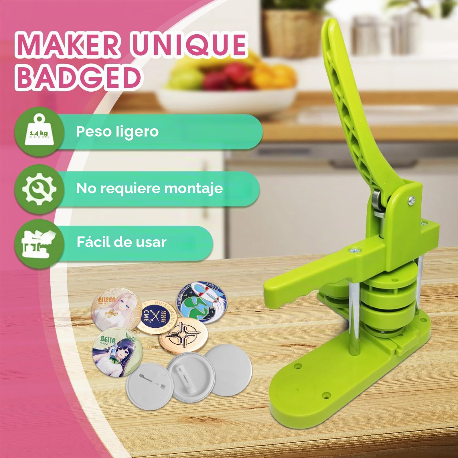 Máquina para Hacer Botones, 58mm/32mm/25mm DIY Fabricante de Pins y Distintivos Prensa de Troquelado Sin Instalación con 300 Piezas de Botones (Verde)