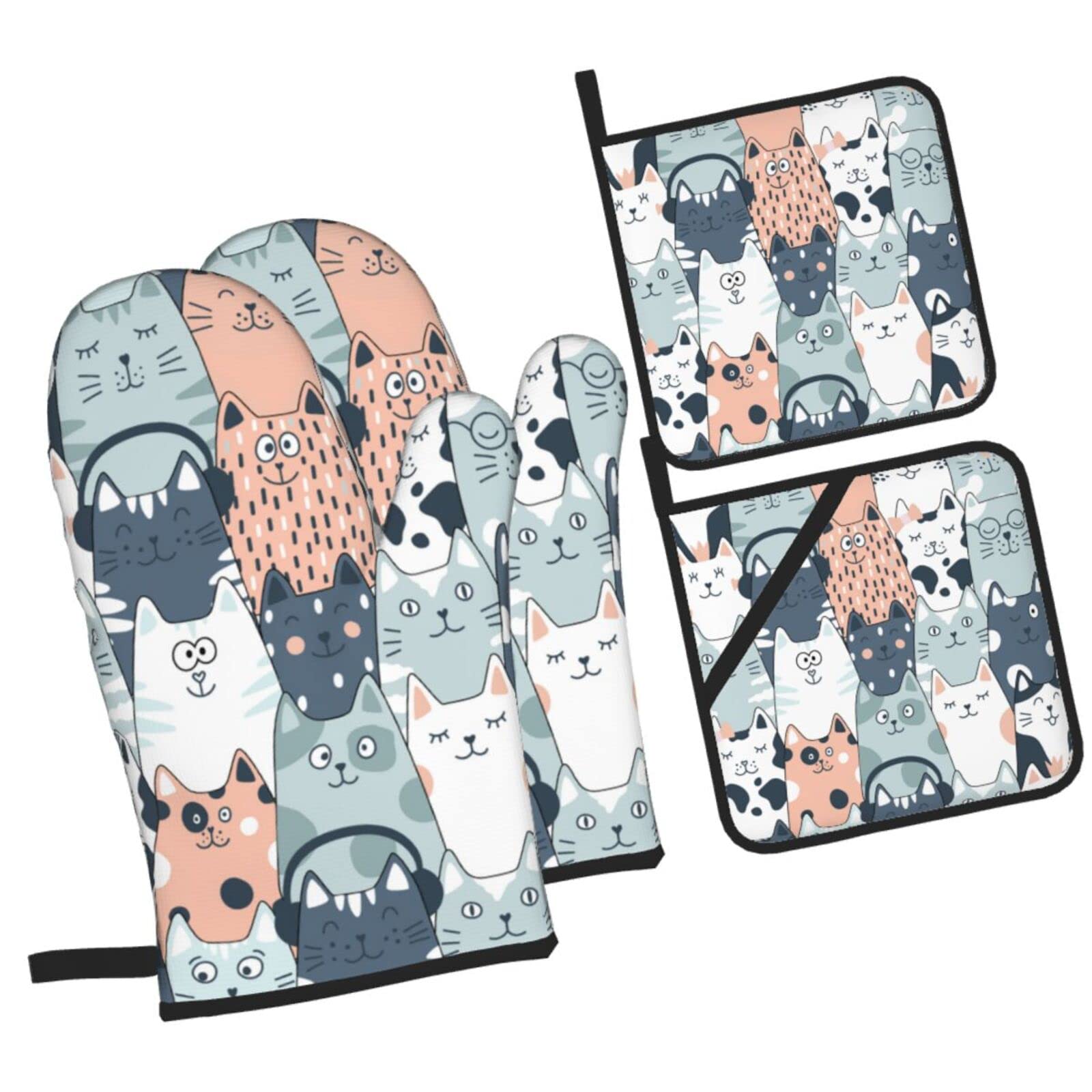 Cute Many Cats Oven Mitts and Pot Holders Sets, Christmas Oven Mitt Kitchen Heat Resistant Non-Slip Pot Holders Set for Cooking Baking BBQ