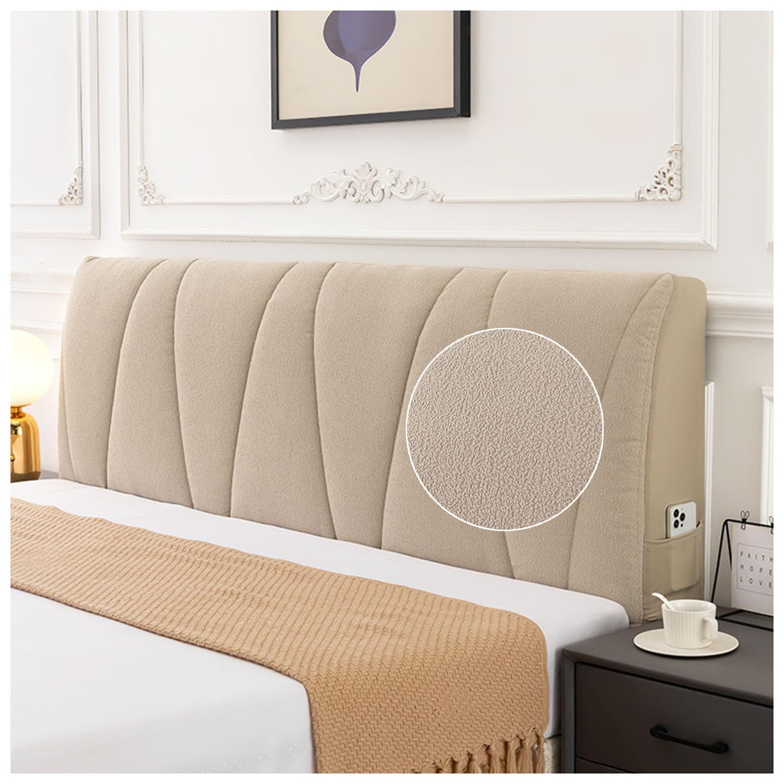 KNVSS Housse de tête de lit, Tissu Velours Stretch Doux, Protection à 360 ° Housse de tête de lit en extensib, Protecteur Antipoussière pour Tête de Lit Rembourrée (Taupe,180cm (170-190cm