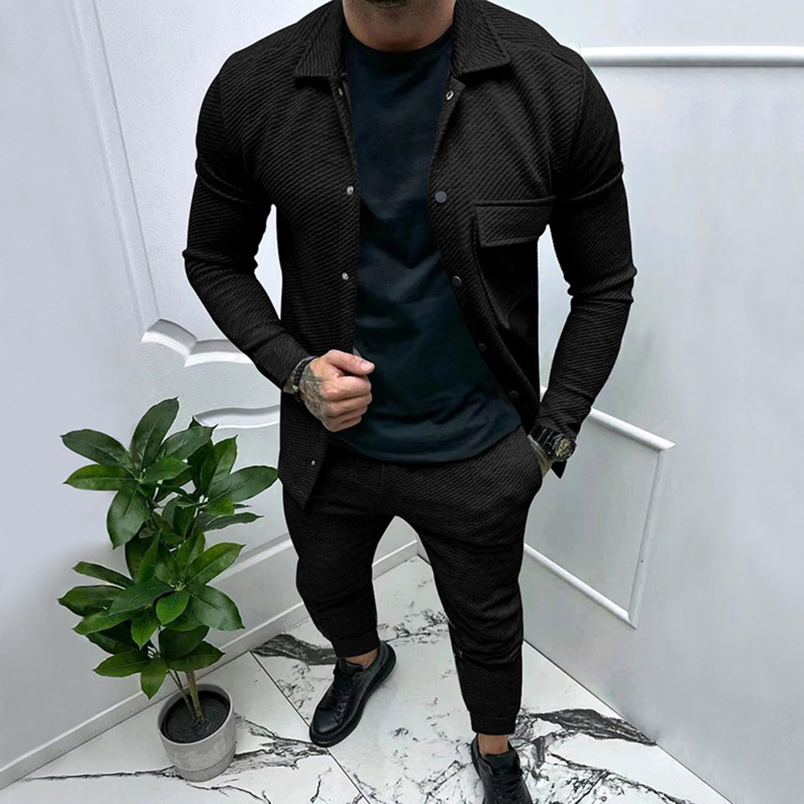 Generisch Tuta da uomo per il tempo libero, set da 2 pezzi, giacca da allenamento Chino con pantaloni lunghi Chino, set elegante e alla moda, per uomini e lounge