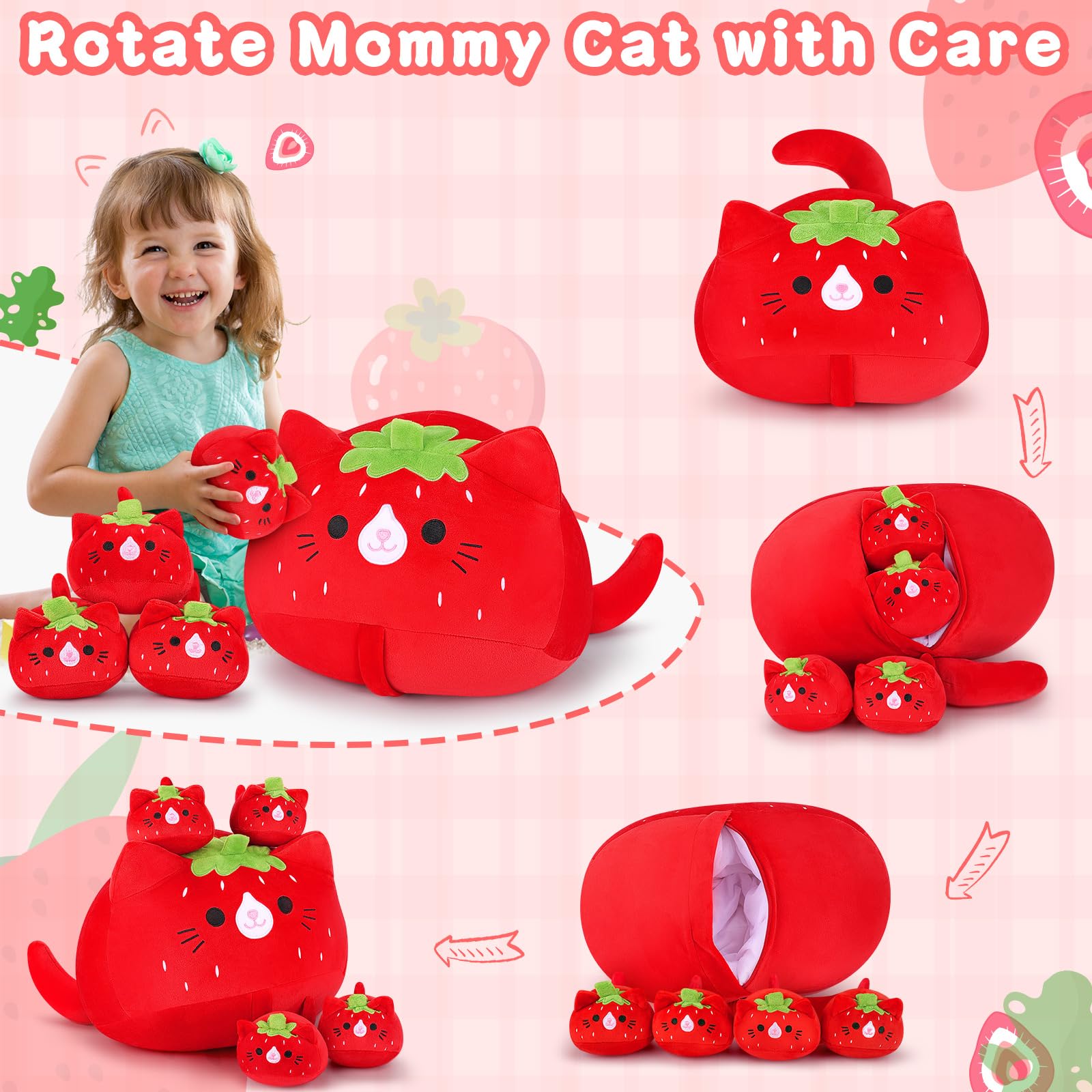 Auspicious beginning Stuffed Cat Strawberry Cat Large Plush Toys Stuffed Animals Mommy with Baby - Image 3