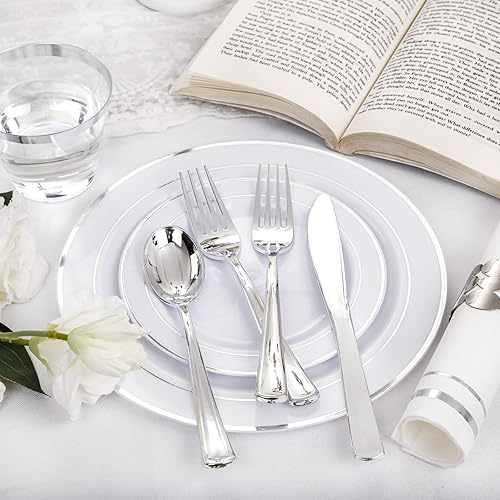 Miniatura 4 de NOCCUR 700 platos de plástico plateados, platos desechables plateados para 100 invitados, platos de plástico blanco con ribete plateado que incluyen