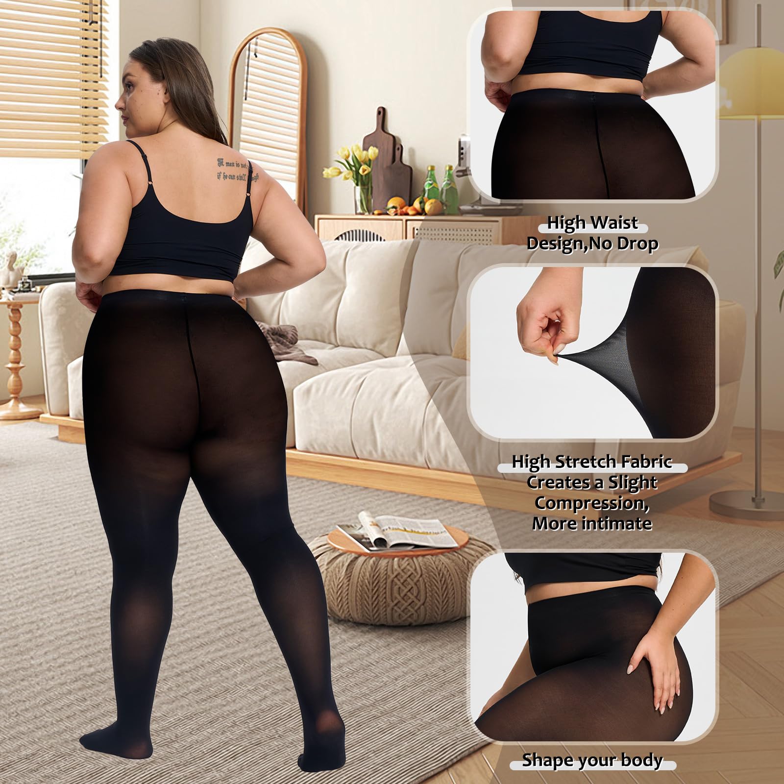 UISLII Plus Size Tights for Women,2 pairs 80D Semi Opaque Tights women,Solid Color Soft High Waist Stockings Size Up to 6XL.: Black 3X-Large-4X-Large