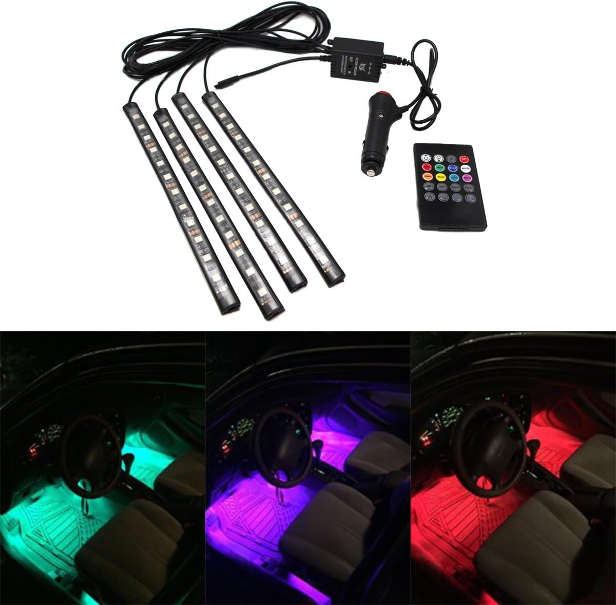 JOJOO 4pcs 48 LED Multi-colour Remote Control Car LED Interior Lights Atmosphere Neon Lights Kit with Sounds-activated & Wireless IR Remote Control, Car Charger Included, MA011