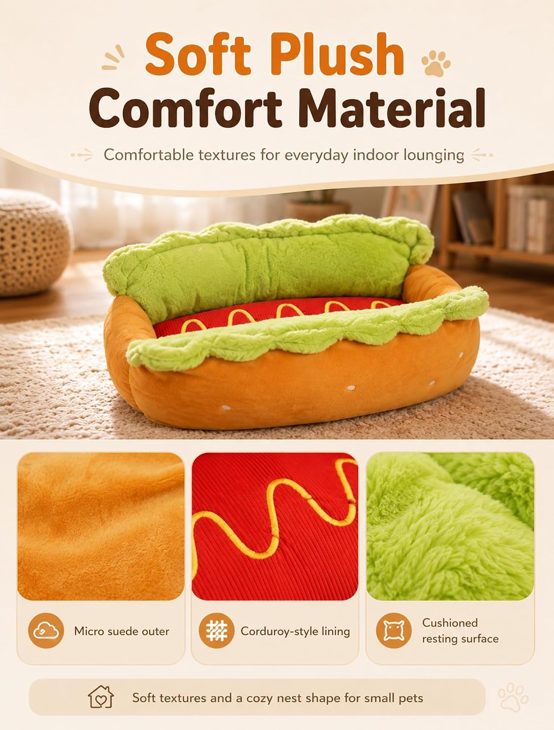 Cama para perros salchicha, cama para perros y gatos, cama de felpa extraíble y lavable, cama de micro gamuza suave y pana para interiores con parte inferior antideslizante para cachorros y mascotas