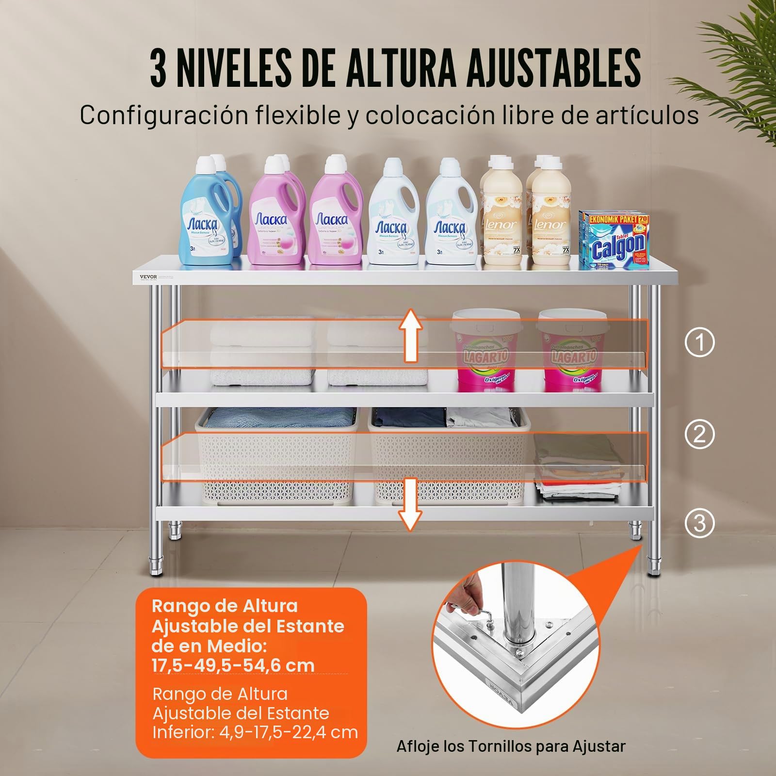 VEVOR mesa de Preparación de Alimentos 356x1524x864 mm Trabajo de Cocina Comercial Acero Inoxidable 2 Estantes Inferiores Ajustables Parrilla, Cocina, Hogar