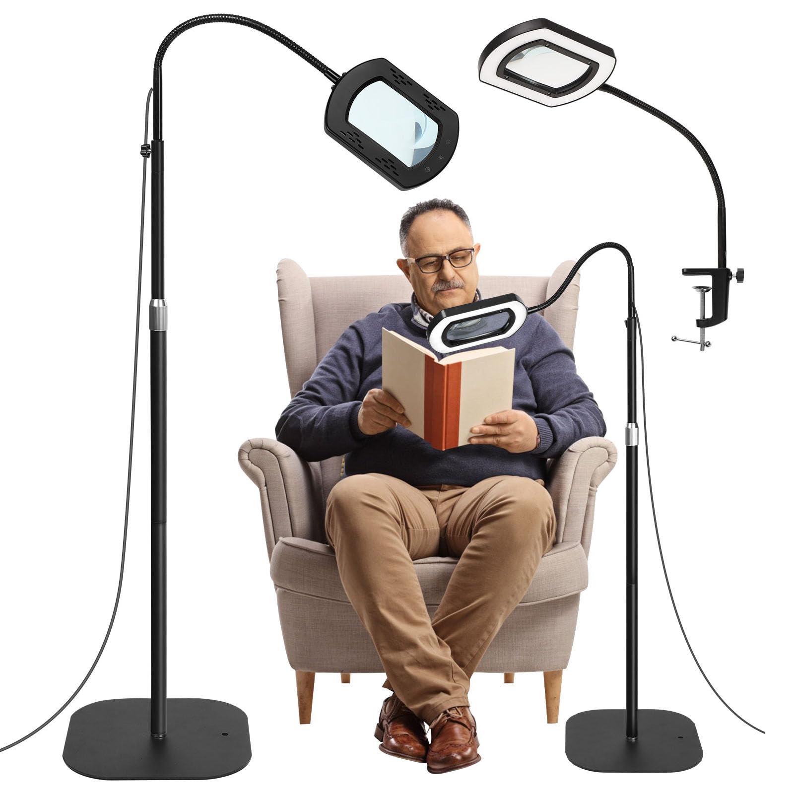 10 x lampa stojąca z lupą ze światłem i stojakiem, elastyczna lampa LED z lupą typu łabędzia szyja z zaciskiem, 5 trybów kolorów, bezstopniowe ściemnianie, lupa do czytania 3 w 1 ze światłem dla