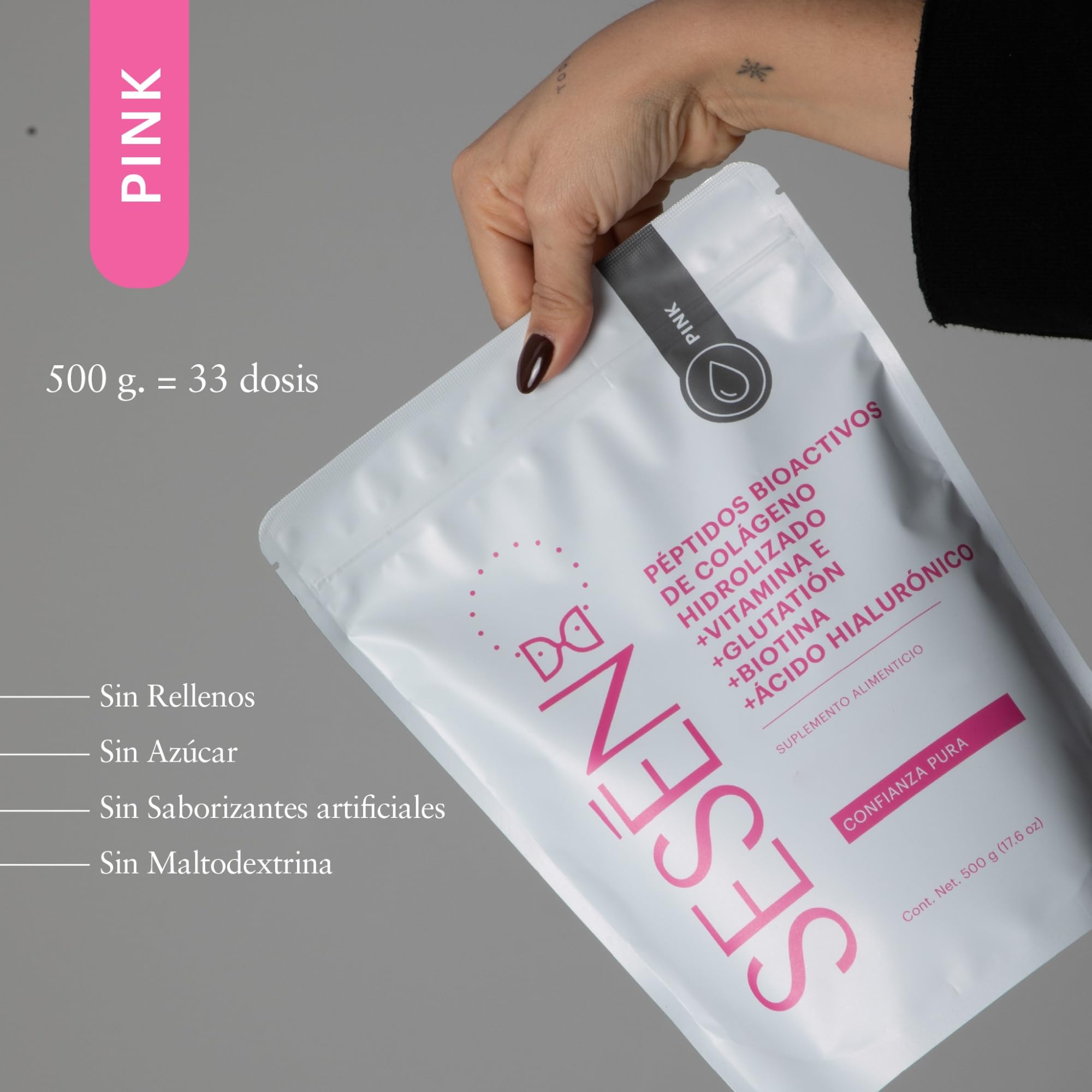 Sesen Péptidos de Colágeno Hidrolizado en Polvo 500g, Colágeno Tipo 1, 2 y 3 con Ácido Hialurónico y Biotina para Articulaciones, Pelo y Piel, Collagen Peptides Powder, Bioactivo