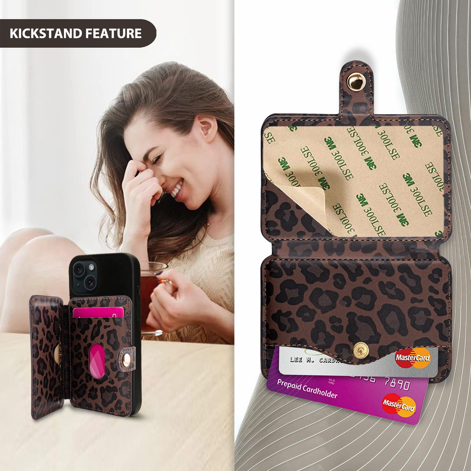 M-Plateau Credit Card Holder for Cell PhoneWith Slim 3M Adhesive Card Holder for Phone Case for iPhone 12& iPhone 13 Pro Max 6.1 Inches/One Plus 10T/Samsung Galaxy Most Smartphones (Leopard Print)