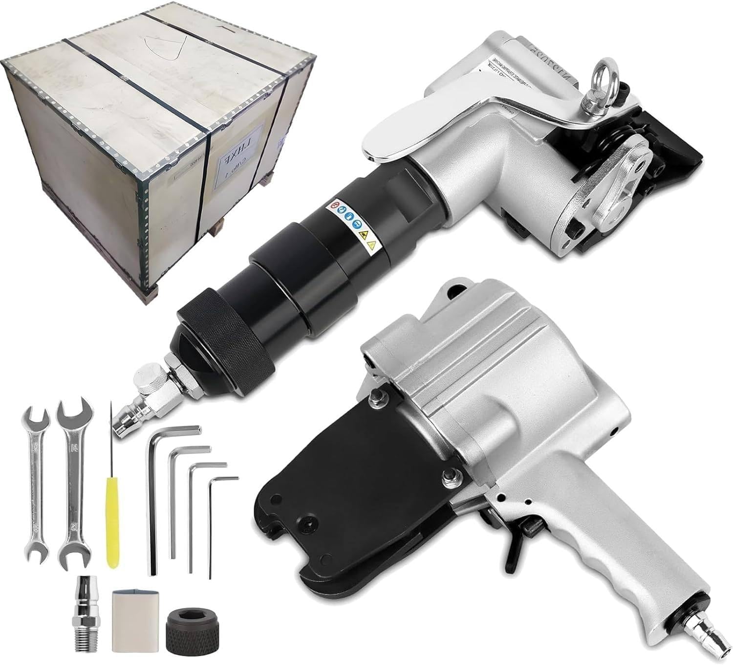 Pneumatic Steel Strapping Machine Width Metal Belt, Heavy Duty Air Combined Split Banding Tool, Tensioner and Cutter Sealer for High Tensile Packaging, (32mm)