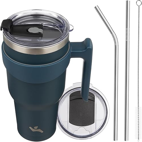 Miniatura 70 de Vaso de 30 onzas con asa y 2 pajitas, 2 tapas, botella de agua aislada de acero inoxidable con vacío, taza de viaje reutilizable, color lavanda