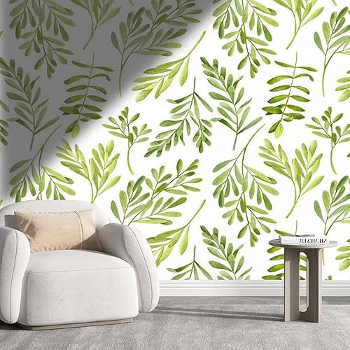 Papel tapiz para despegar y pegar, papel de hoja verde claro para decoración de pared decorativo para dormitorio, fácil de instalar (48 pulgadas de