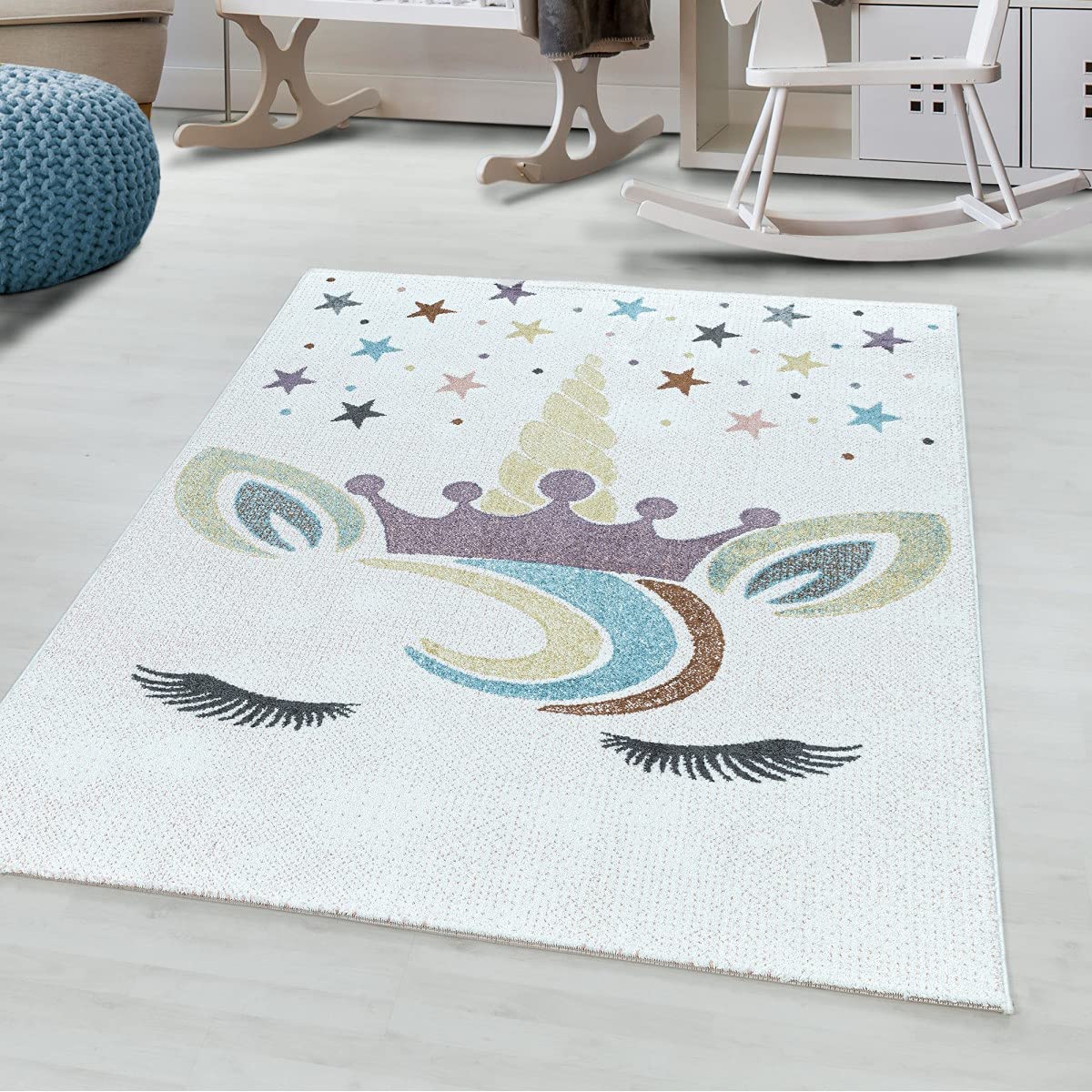 Tapis chambre enfant licorne haut de gamme, couronne blanche et étoiles 140 x 200 cm