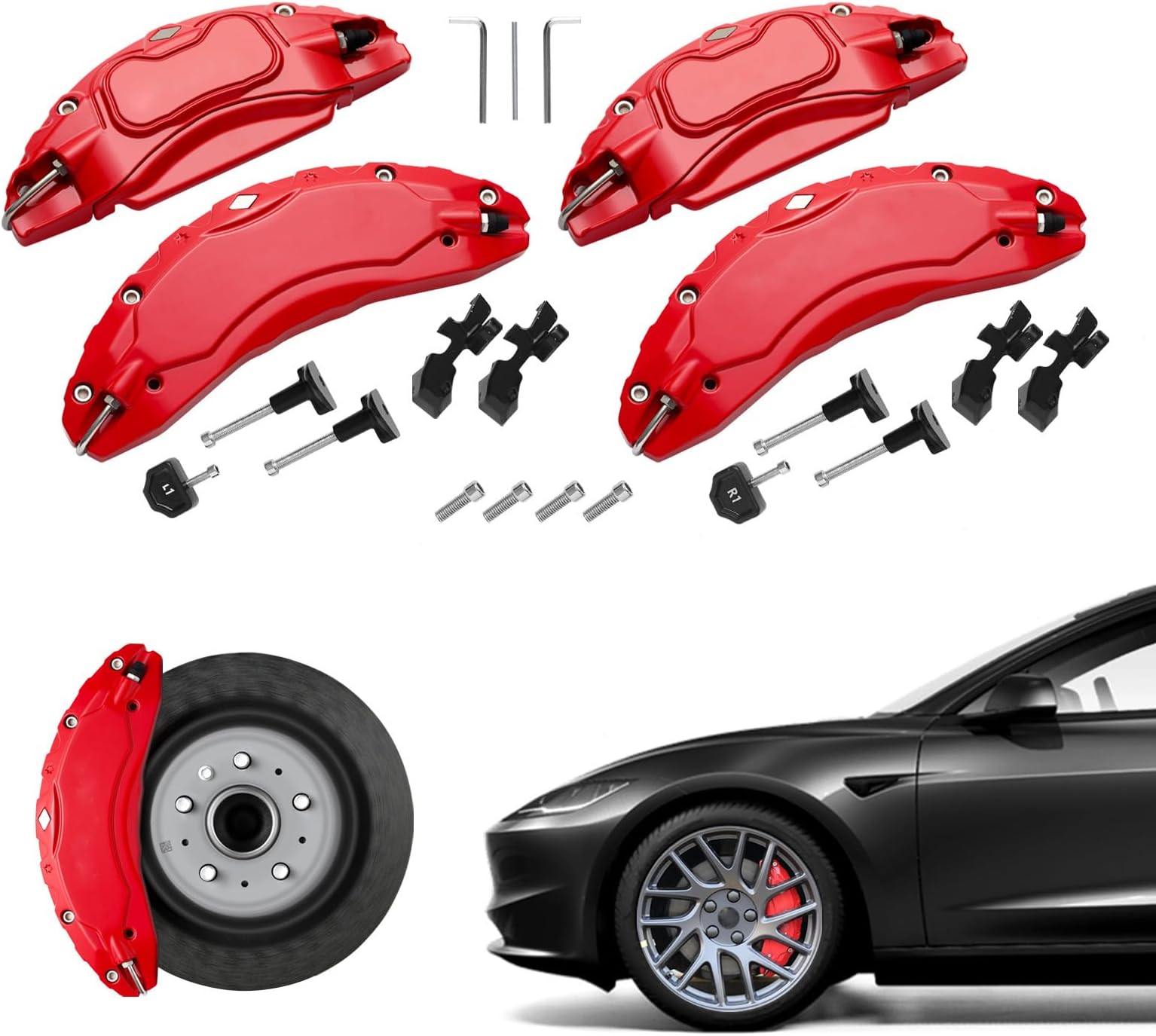 Caliper Covers Set of 4 Compatible with for Tesla Model 3 Highland 2024 .18/19 inch Wheel Hub Front and Rear Brake Caliper Covers -Fit For Tesla Model3 Brake Caliper (Red)