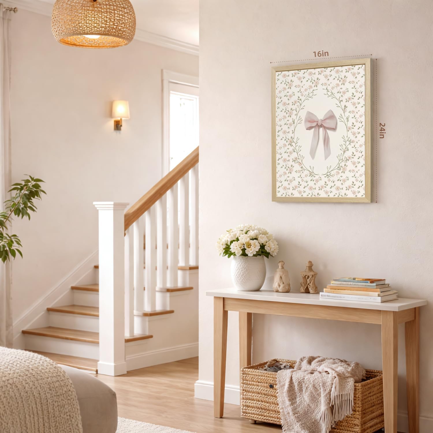 PORENY Baby Girl Nursery Wall Art Set of 3, Pink Bow Rabbit Goose Canvas Prints, Cute Floral Nursery Decor, Vintage Neutral Animal Artwork for Girls Room Kids Bedroom Wood Framed 12x16 Inch