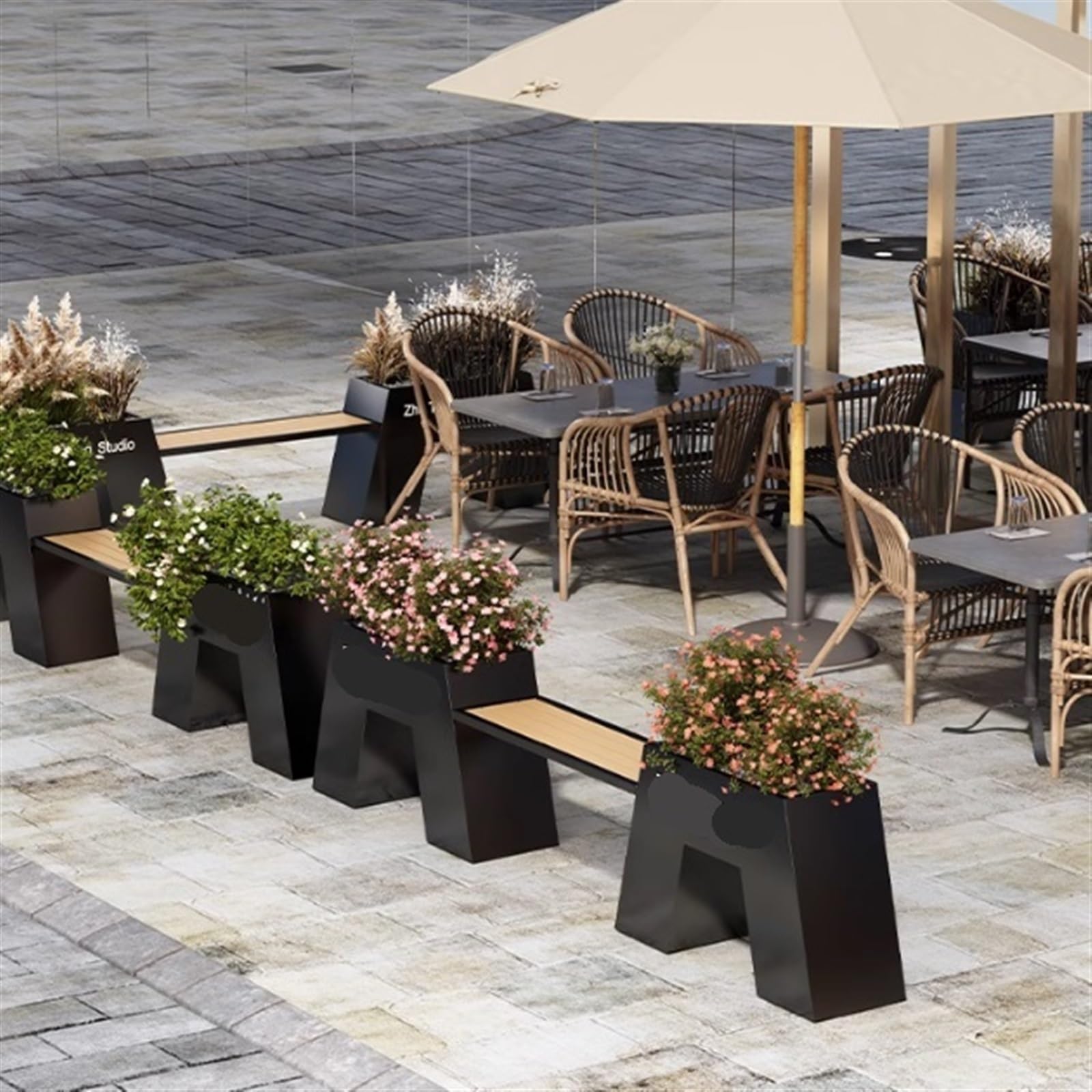 Blumenkasten mit Bank Schwarze Pflanzbänke aus kreativem Metall for den Außenbereich, 2-in-1-Pflanzkasten aus Holz, Terrassenpflanzkasten for Veranda, Terrasse, Garten und Hinterhof Bank mit Pflanzküb