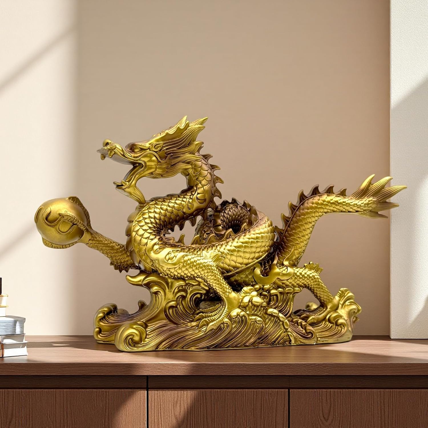 FUNSXBUG 13.6 INCH Chinese Feng Shui Dragon Statue Sculpture Resin Figurines FengShui Decor Home Office Desktop Tabletop Ornaments Decoration Good Lucky Gifts Gold