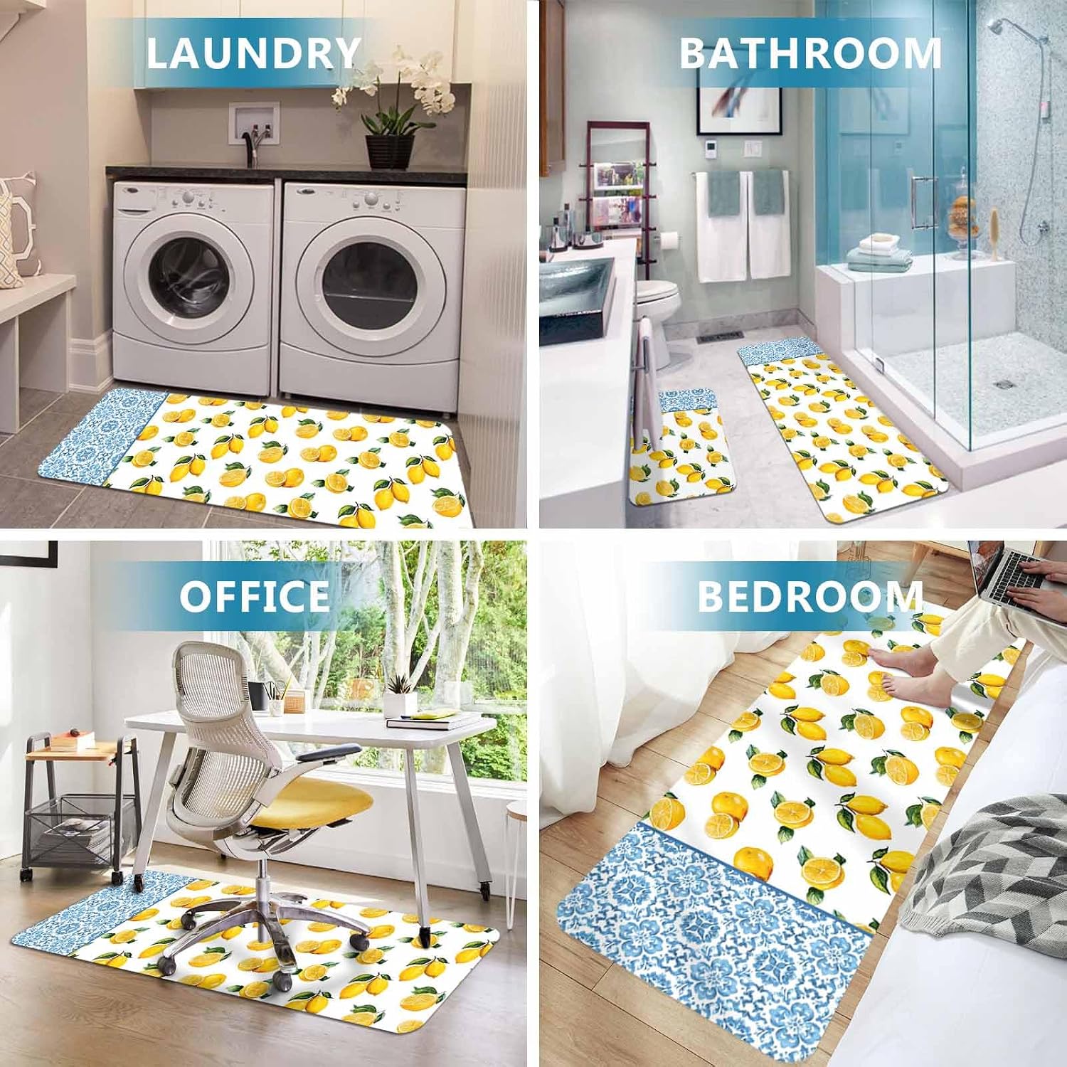 Prime Leader Yellow Lemon Kitchen Mat Set 2 Pieces Watercolor Fruit Farm Blue Flower Pattern Country Non Slip Kitchen Rugs Washable Runner Rug Mats for Sink Laundry (19.7" x 31.5"+19.7" x 47.2")