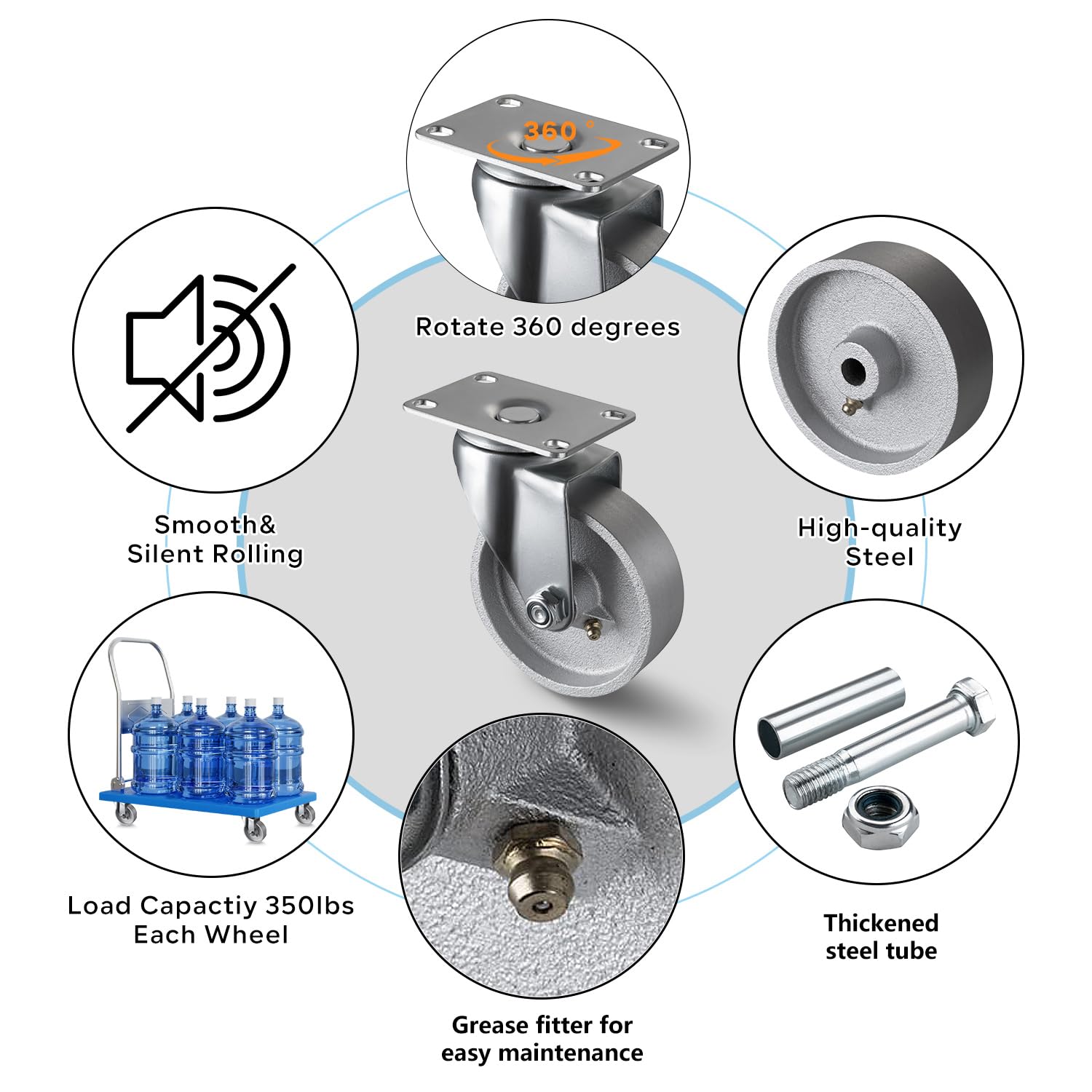4 inch Industrial Swivel Casters - Semi Steel Cast Iron, Heavy Duty with 1600 lb Capacity, Metal Casters for Cart Workbench Furniture (4 Swivel)