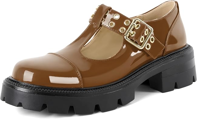 SAMMITOP Womens Mary Jane Shoes Platform Lug Sole Low Heel Chunky Pumps Round Toe Oxfords Shoes Kawaii Punk Goth Uniform Dress Shoes 2 Inches