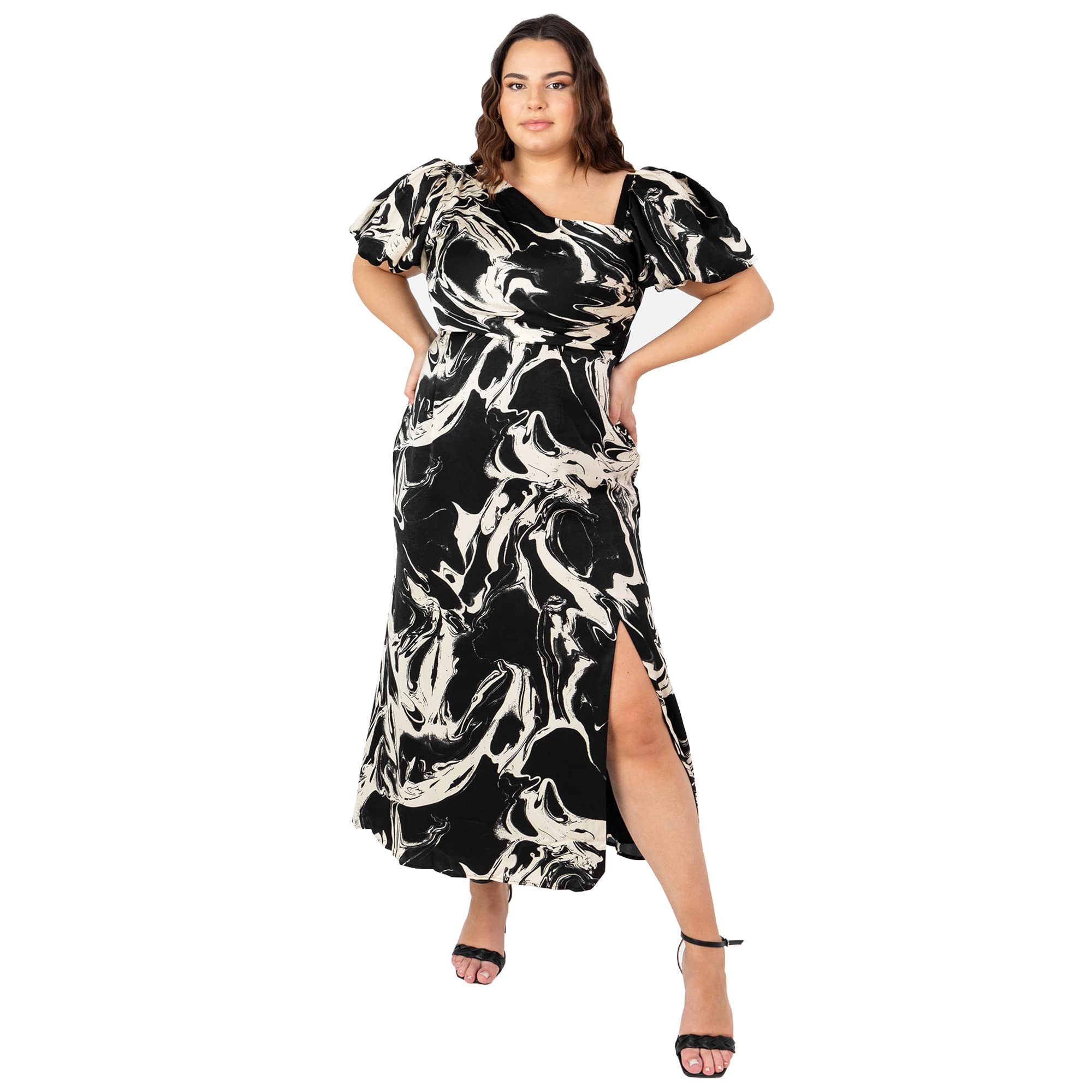 Lovedrobe Women's Womens Ladies Midaxi with Slit Plus Size Curve Asymmetrical Neckline Keyhole Bow Tie Puffed Sh Dress, Marble Print, 16 UK