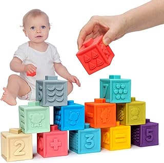 Baby Soft Stacking Blocks, Building Blocks, Teething Chewing Toys, Educational Squeeze Toys with Numbers, Shapes, Animals, Fruits,Textures for Baby Infant and Toddler,12 Pack