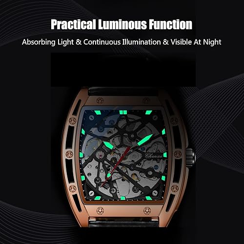Miniatura 4 de RORIOS Reloj de esqueleto automático para hombre, reloj mecánico automático con correa de cuero, reloj luminoso Tonneau reloj de viento automático,