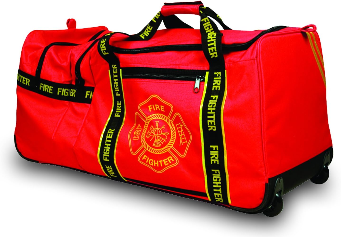 OccuNomix OK-6565001 Large Gear Bag with Wheels, “Firefighter” Woven In Reflective Trim Along Bag Straps, Maltese Cross Logo, 3 Compartments with 2 Outside Zip Pockets, 29” x 17” x 16”, Red