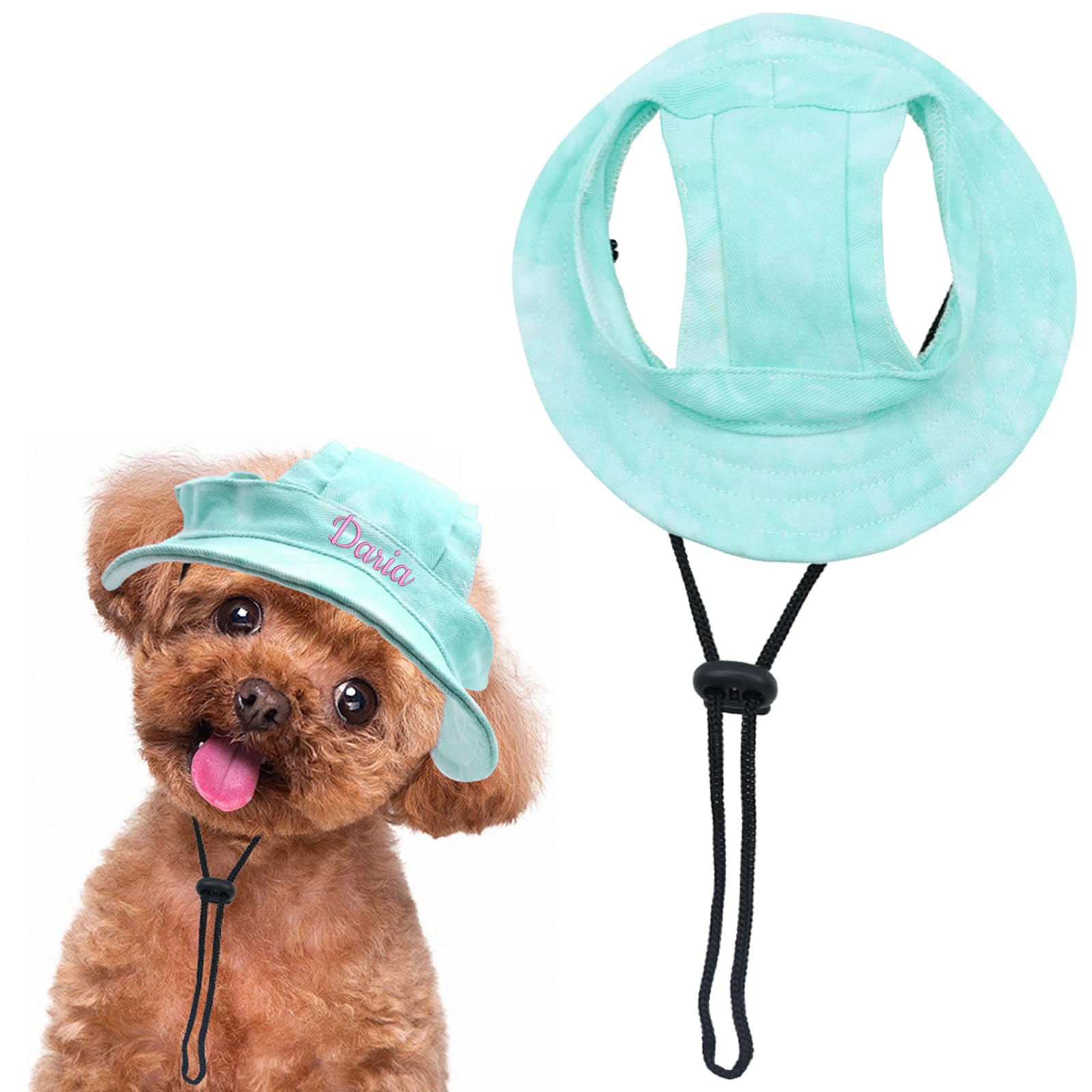 Custom Dog Sun Hat,Personalised Adjustable Ear Pet Hats With Embroidered Name, Round Brim Pets Visor Cap Pet Fisherman Hats for Small Dogs Cat Outdoor Sport (Green, S)