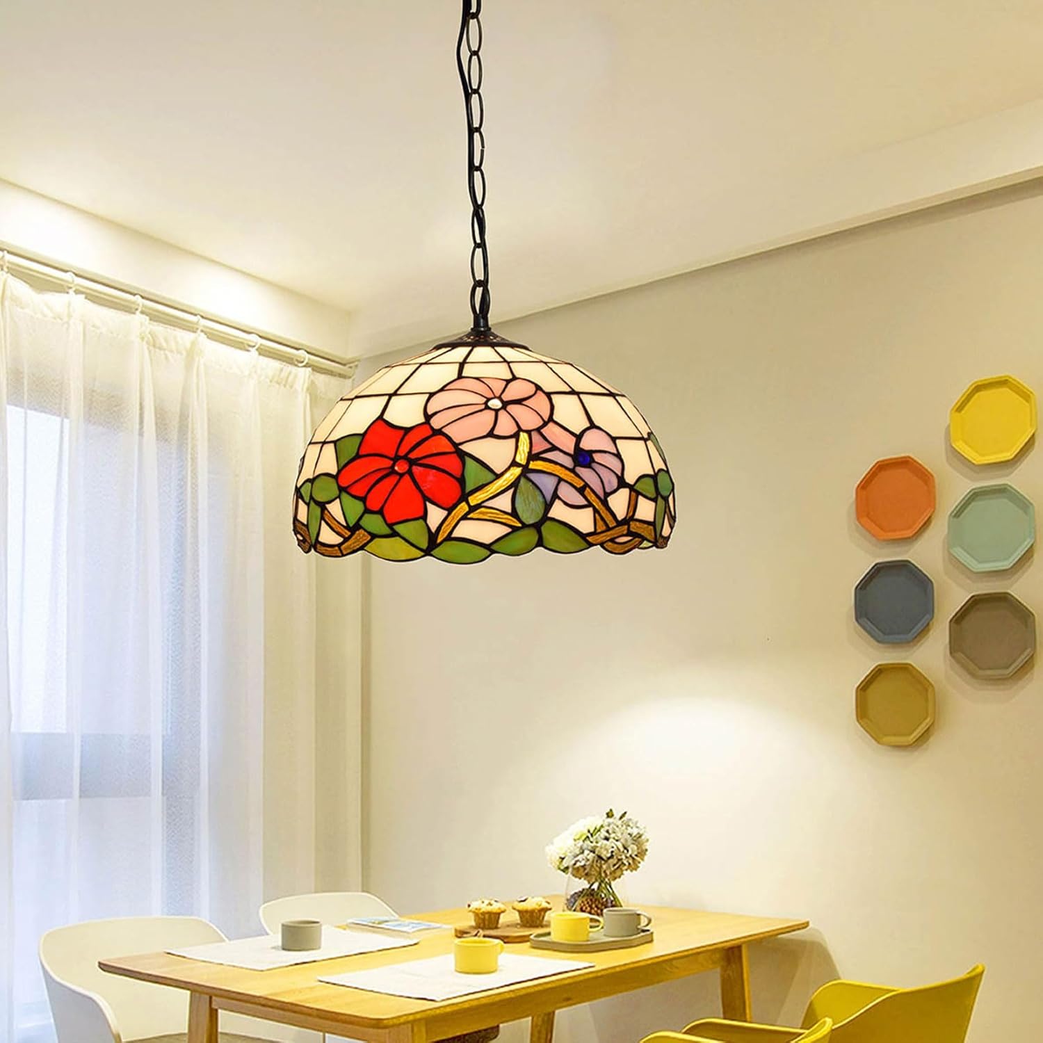 Tiffany Lamp Shade 12 Inch Wide Accessories Replacement Only Red Pink Blue Flower Stained Glass Lampshades Vintage Morning Glory Light Cover for Table Lamp Pendant Light Ceiling Fixture