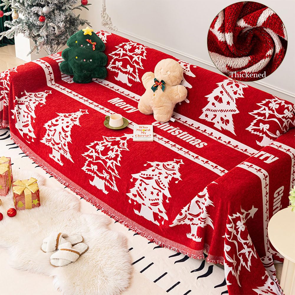 Highdi Funda de Sofá de Chenilla Rojo, Navidad Manta Cubre Sofa Multiusos para 1 2 3 4 Plazas Cómoda Protector Sofa Universal Funda de Sofá (180x130cm,Árbol de Navidad)