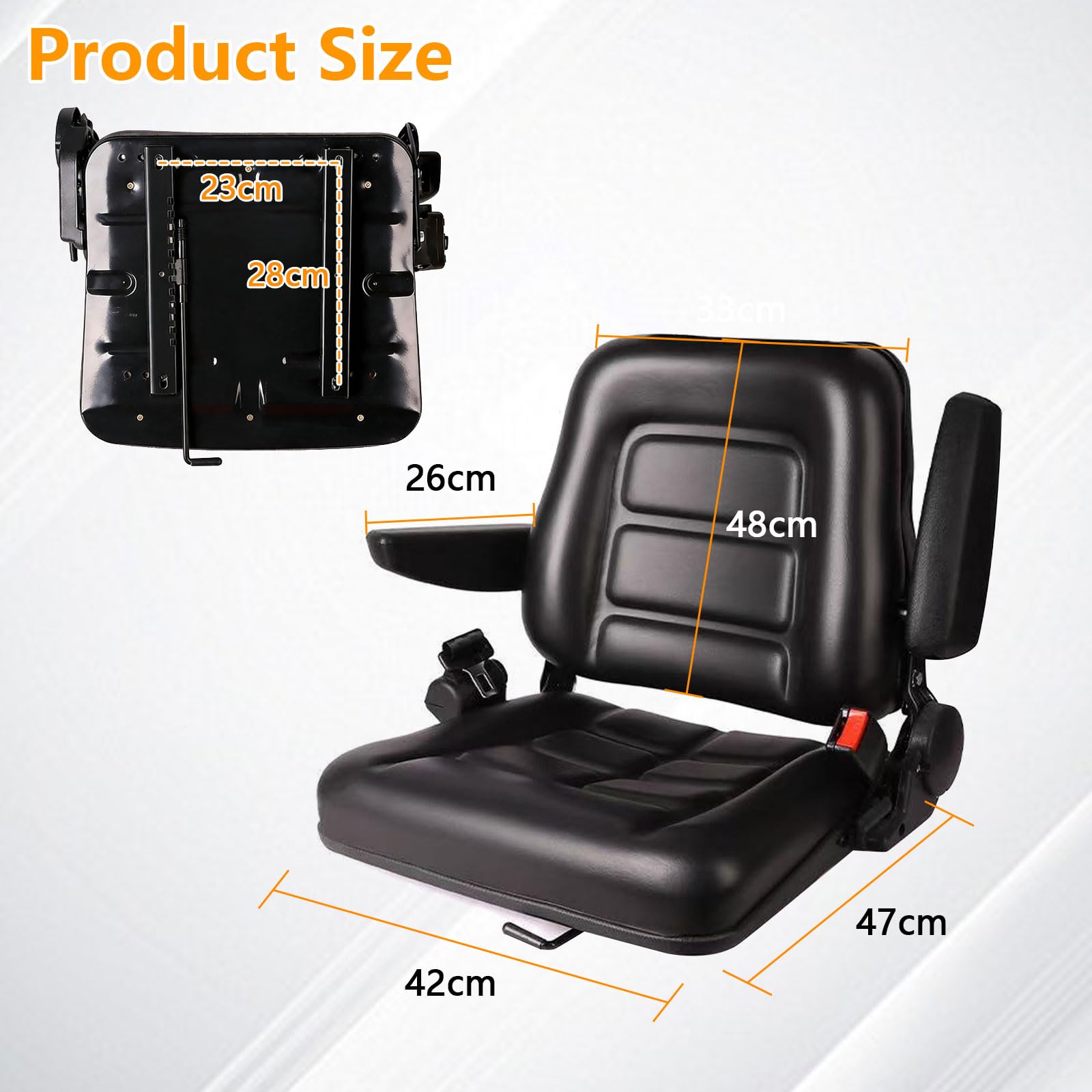 Asiento universal para montacargas, asiento de tractor con respaldo ajustable de 35°–180°, guía deslizante, apoyabrazos plegables y desmontables, cinturón de seguridad retráctil para montacargas