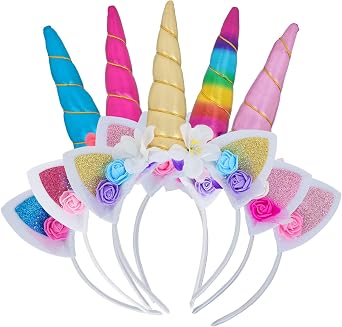 Unicorn Horn Headband Flower Ears Headband Rainbow Color 5 Pack in Different Design for Girl Party Birthday Cosplay Festivals 5 Colors, 26 11.5cm