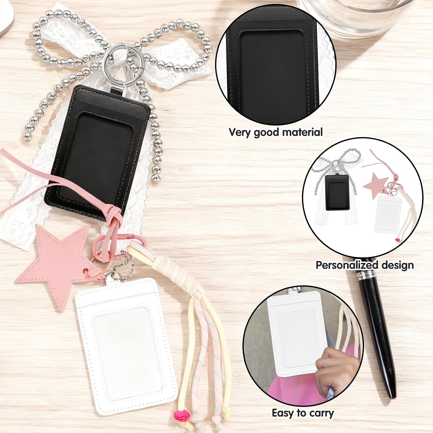 2Pcs K-pop Photocard Holder with Keychain, Portable Clear Window Photo Card Holder with Sat in Ribbon & Charm, Black and White for for PC Card, Lomo Card, ID Badge Card, Bag & Lanyard Attachment image 3