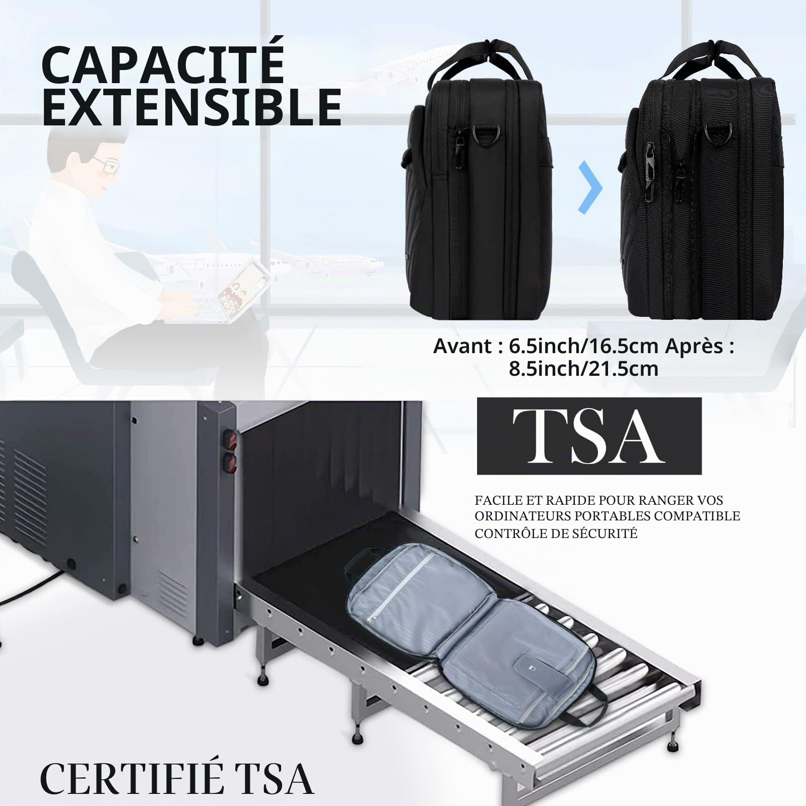 VANKEAN Sacoche pour ordinateur portable 17 Pouces, compatible TSA -extensible pour femme et homme Tendance étanche avec poche RFID bandoulière pour affaires/voyage/université - Noir