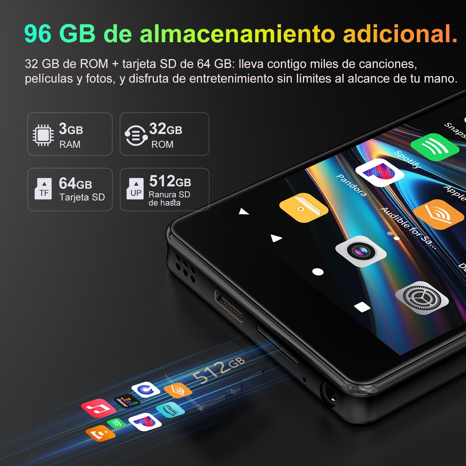 Reproductor MP3 de 96 GB con Bluetooth WiFi, Reproductor MP4 de 2000 mAh con cámara y Altavoz, Sistema operativo Android 13 Reproductores de música MP3 con Spotify, Audible y Play Store