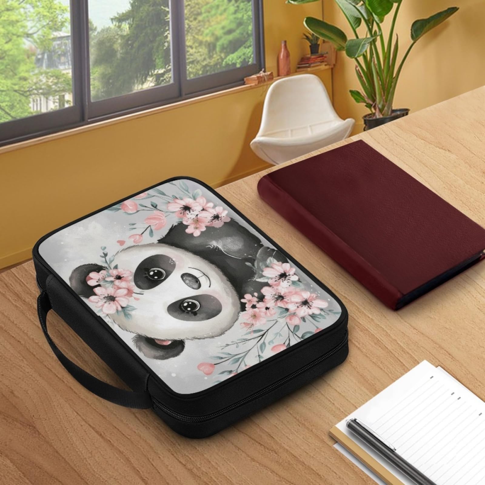 Custodia Libro Carino Fiore Panda Copertura Bibbia con Manico Cerniera Tela in Poliestere per Uomo Donna Porta Libro Grandi Capacità Custodia per Libri 27.5x22.5x5.5 cm