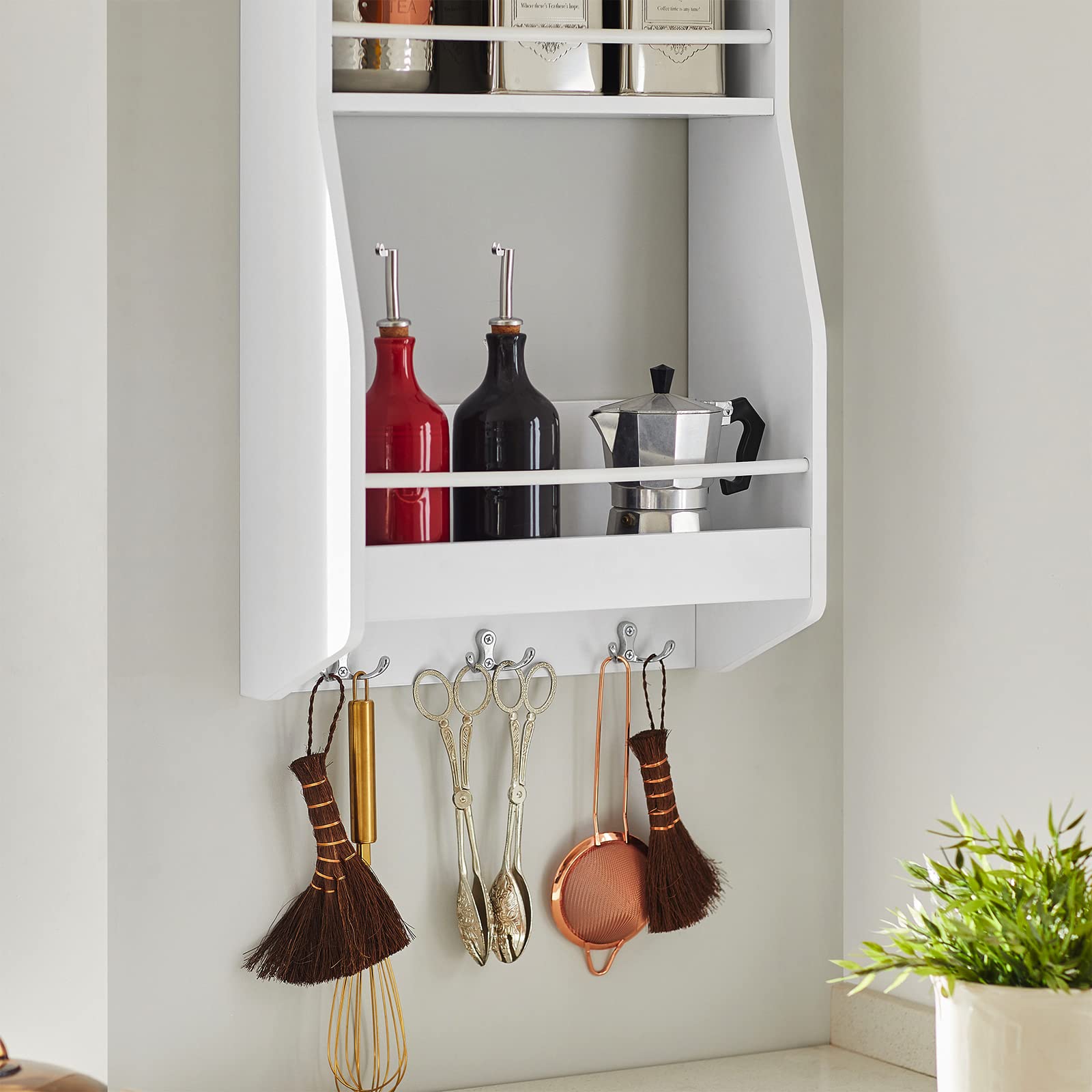 SoBuy Étagère à Suspendre Murale 3 niveaux, 3 crochets & barres, 38x75x17cm | Étagère à Épices gain de place avec protection antichute, charge 20 kg, MDF, cuisine & salle de bain, KCR12-W