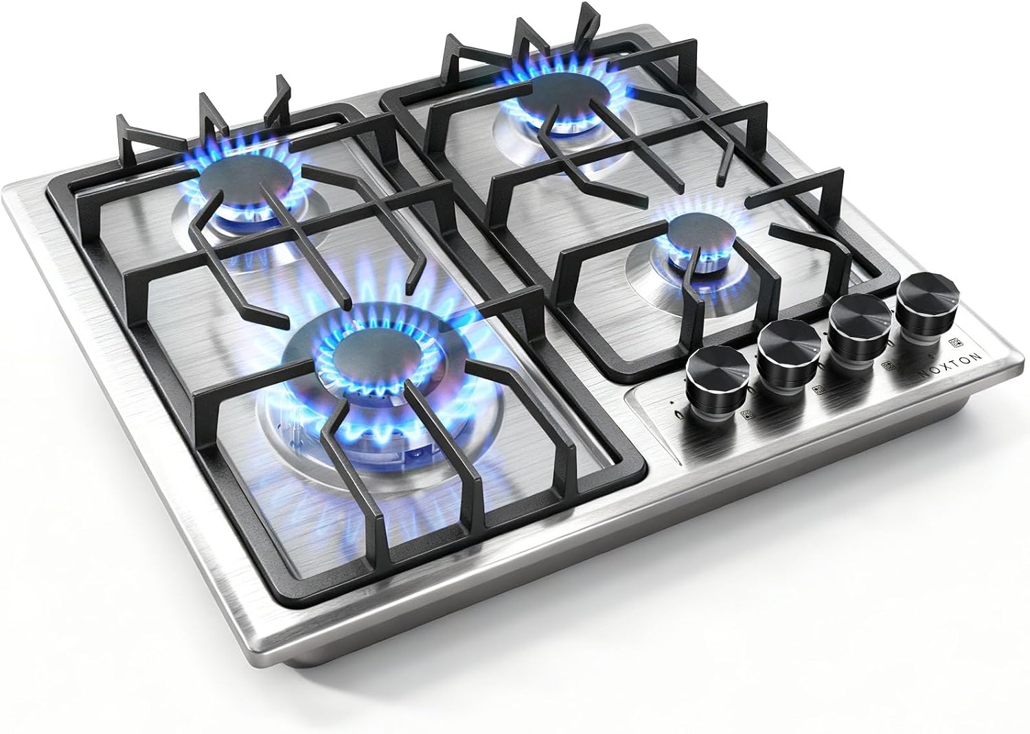 Noxton Gas Cooktop 24 Inch, 4 Burners Stove Top, LPG/NG Dual Fuel Built-in Gas Hob, Flame Out Protection Prevent Gas Leakage, Stainless Steel Propane Cooktop for RVs, Apartments, Outdoor