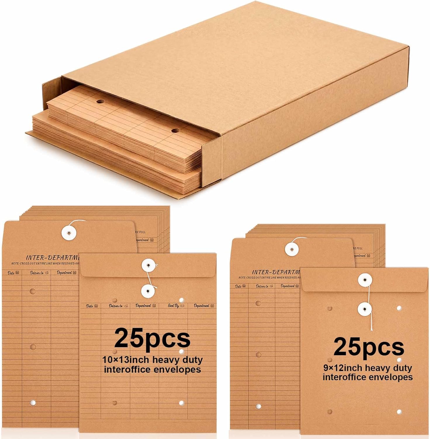 Crtiin 50 Count Interoffice Envelopes with String Tie, 10 x 13, 9 x 12, Reuseable Brown Kraft Interoffice Envelopes with String, Two-Sided Five-Column Format, 52-Entries