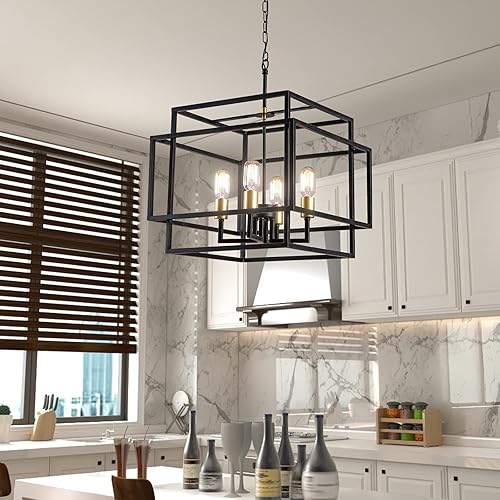 Miniatura 6 de Maxax Lámpara de araña cuadrada moderna, 4 luces colgantes de granja, para isla de cocina, comedor, dormitorio, sala de estar, acabado negro y dorado