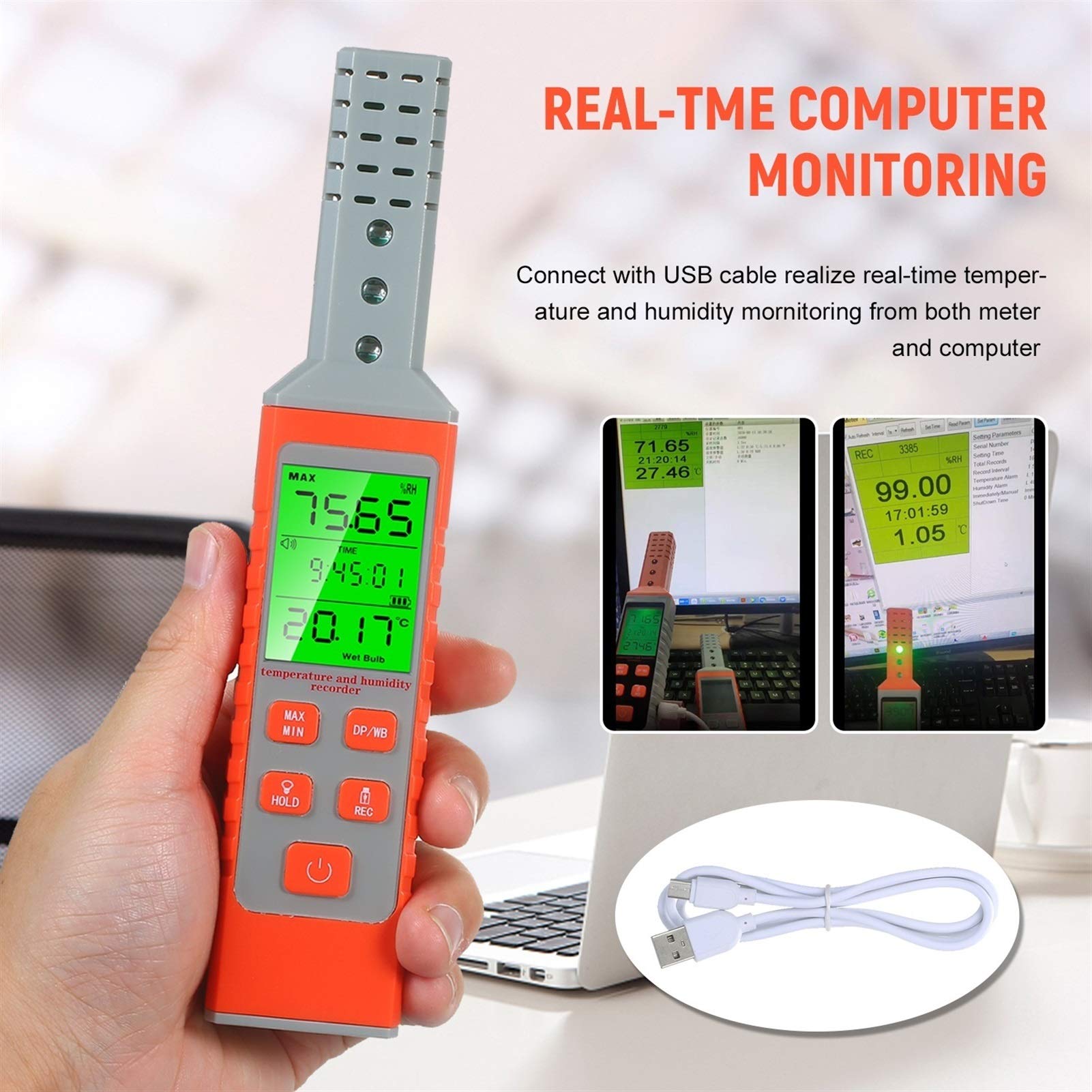 Thermomètre Hygromètre Enregistreur de température et d'humidité Prise en charge de la surveillance de l'ordinateur en temps réel Hygromètre de thermomètre commutable Backlit LCD Thermomètres Hygromèt