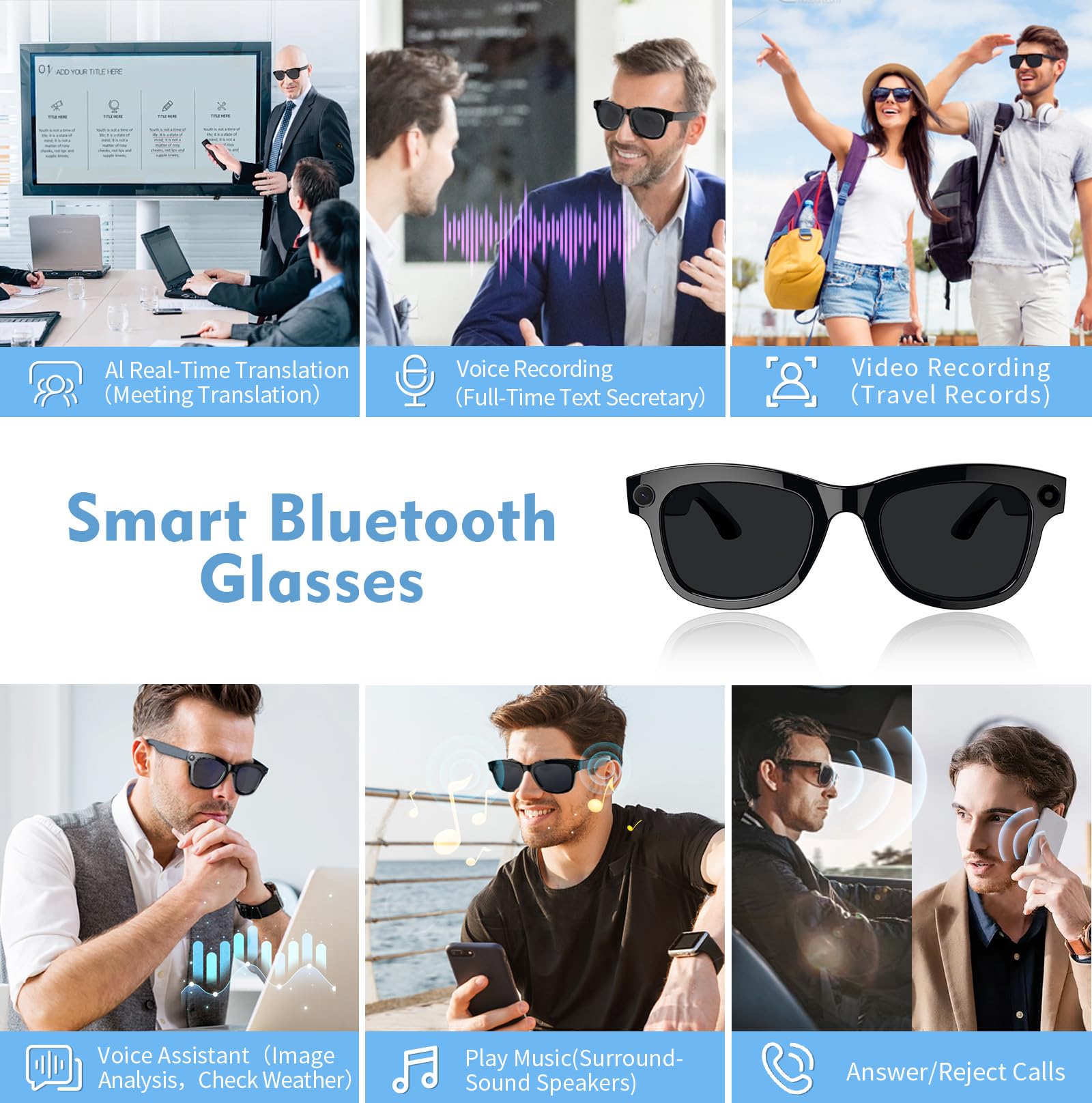 Lunettes intelligentes AI avec ChatGPT et appareil photo 8 MP | Enregistrement vidéo HD, lunettes de soleil avec traduction en temps réel, musique et contrôle vocal, stabilisation EIS | WiFi et