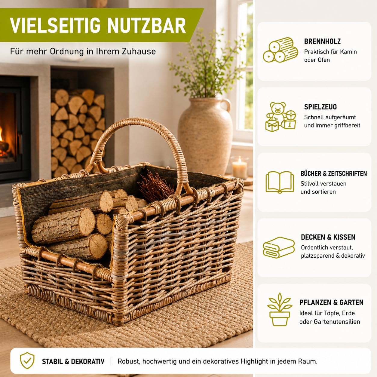 Kobolo Kaminholzkorb Holztrage für Kaminholz aus Rattan Grau