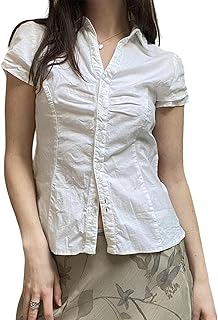 Women's Ruched Tie Back Cinched Waist Tops Summer Collared Button Down Blouse
