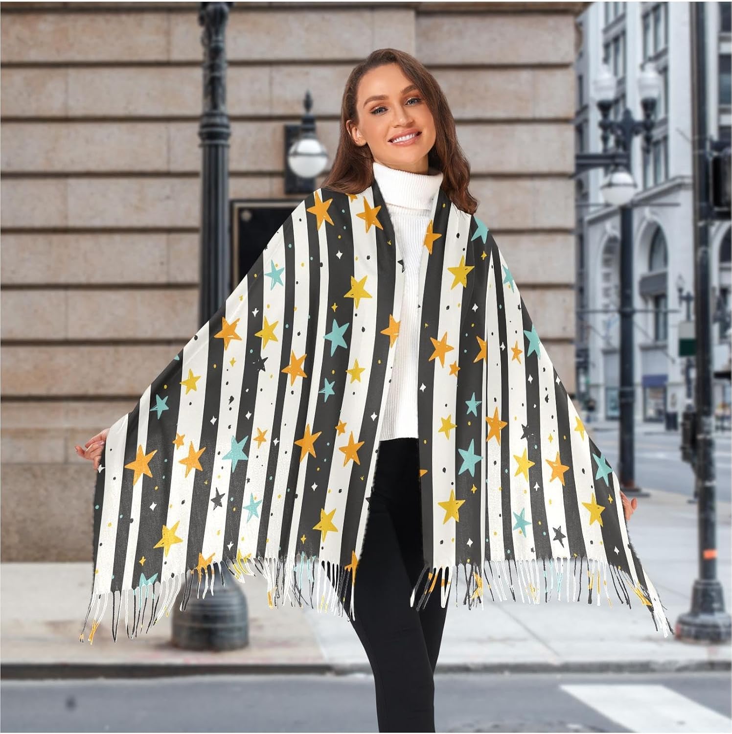Winter Scarf for Women Yellow Blue Star Black Stripe Fashion Tassel Shawl Wraps for Women, Cold Weather Warm Womens Scarves Soft Long Scarf