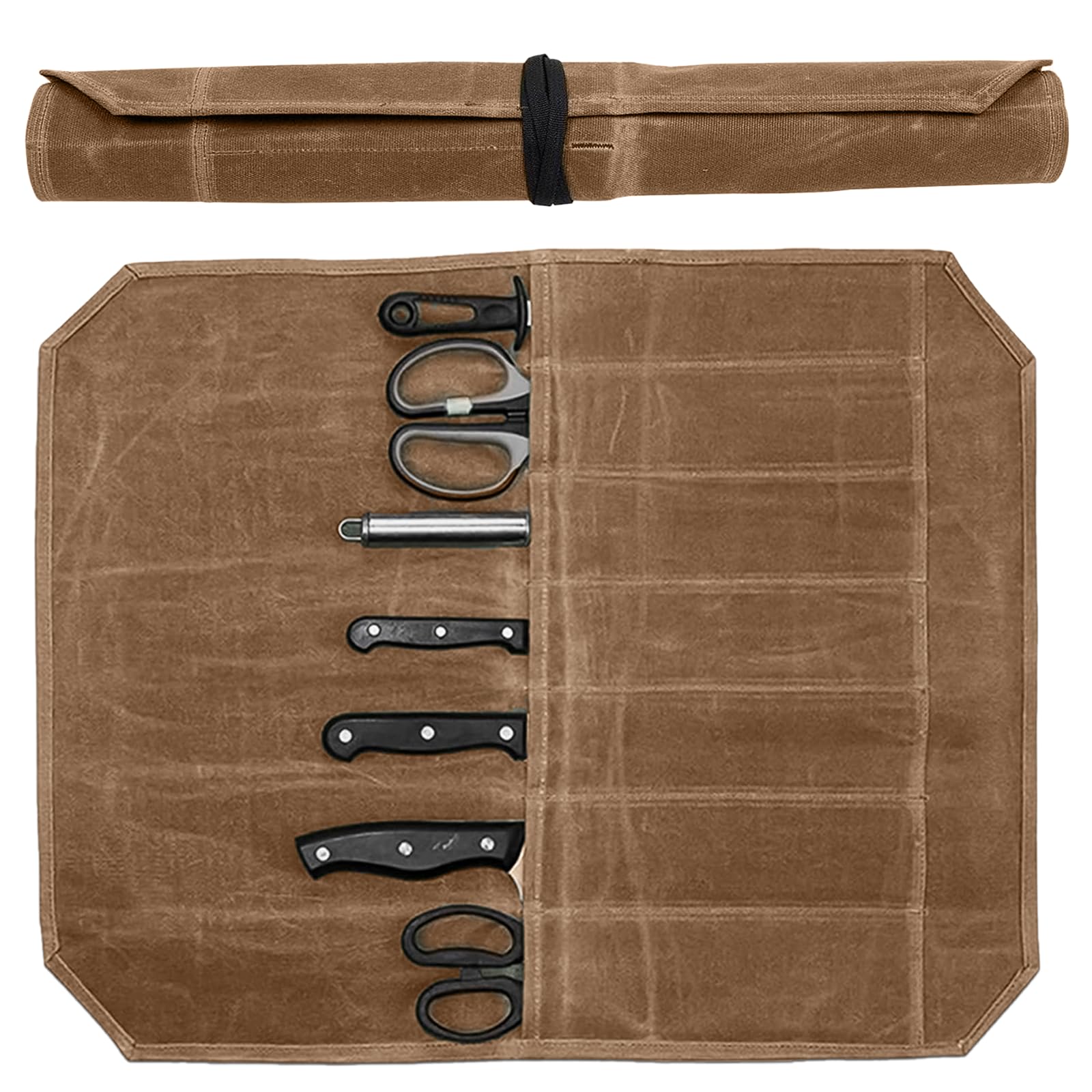 Leogony Knife Roll Bag for Chefs, 7 Slots Waxed Canvas Knife Bags