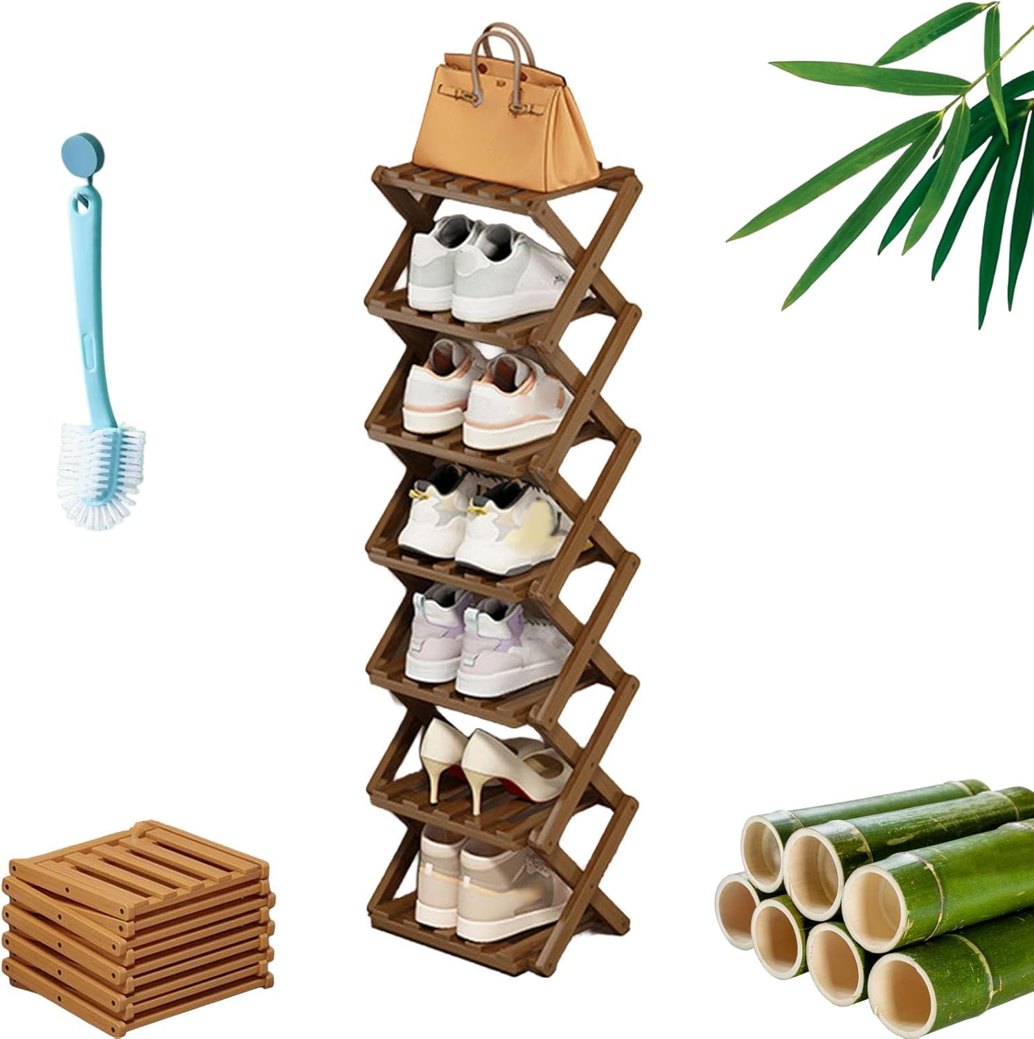 9-Tier No-Assembly Bamboo Shoe Rack, Folding Collapsible Shoe Organizer Shelf, Tall Narrow Space-Saving Rack for Entryway Closet Bedroom (Primary Color-5 Floors)