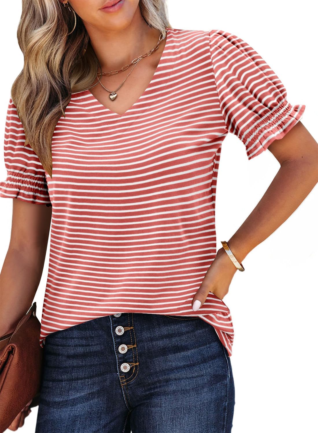 CRAZY GRID Women's Summer Tops Ruffle Short Sleeve 2026 Casual Knit Loose Fit T-Shirt - Image 3